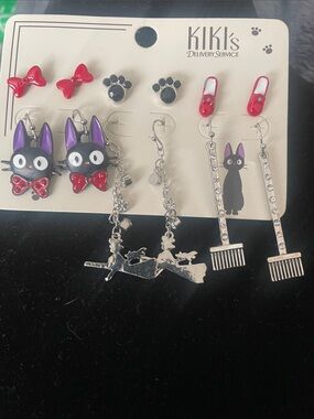 Kiki's Delivery Service Kids Earring Set - Black, Red & Purple Cat Designs